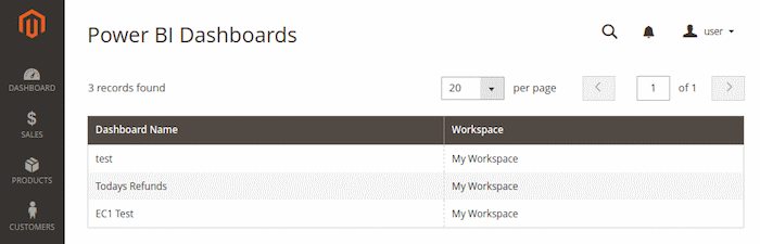 List of Power BI dashboards inside Magento
Platform