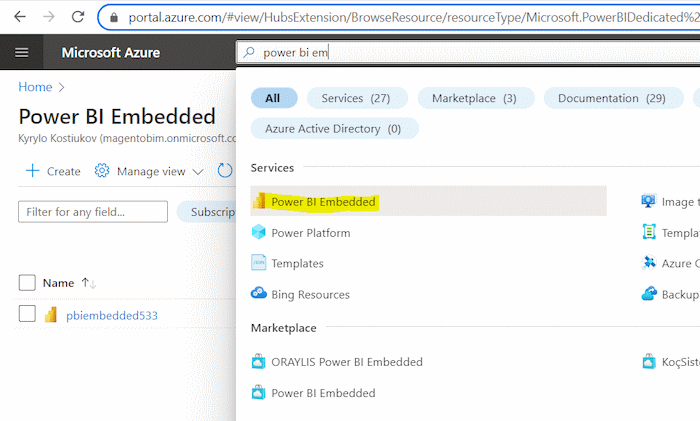 Opening Power BI Embedded section Microsoft
Azure