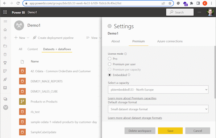 Selecting Embedded capacity in Workspace settings in Power BI