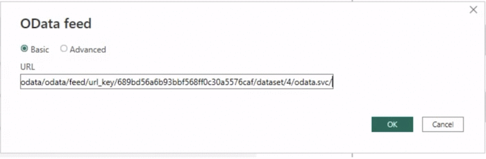 OData feed window inside the "Get data" section in the Power BI
platform