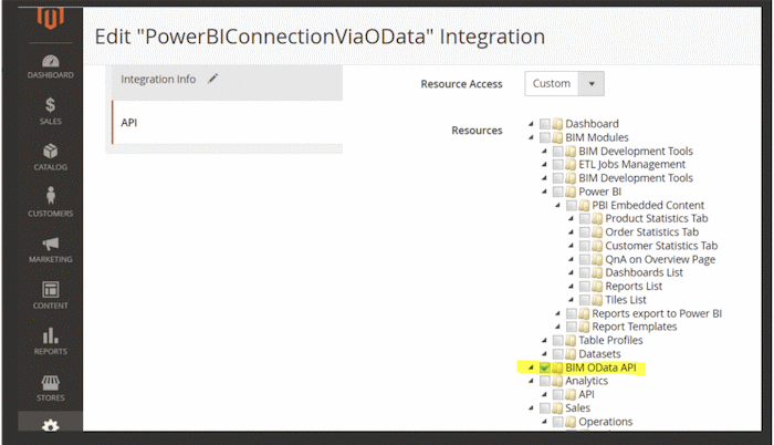 API section inside the Integration page in the Magento
Platform