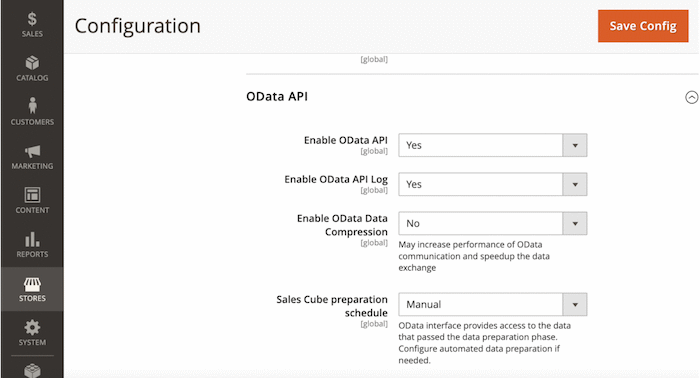 OData API section inside the Power BI Integration page in Magento
Platform