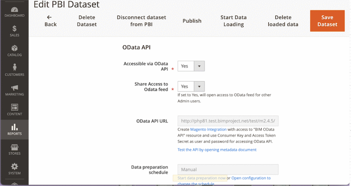 OData API section inside the Power BI Dataset in Magento
Platform