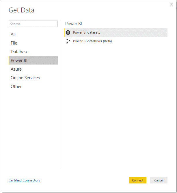 Get Data dialogue inside Power BI
Desktop