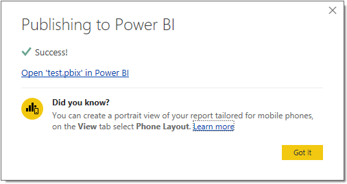 Publish to Power BI
dialogue