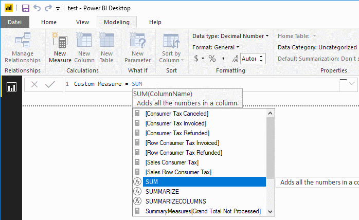 entering DAX expression for calculated measure inside Power BI
Desktop